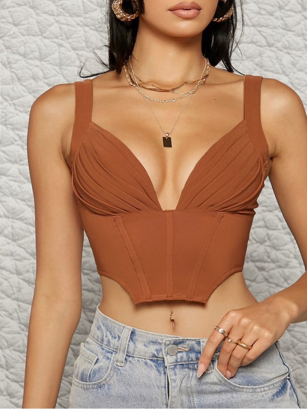 Women's Brown Ruched V-Neck Crop Bustier Top
